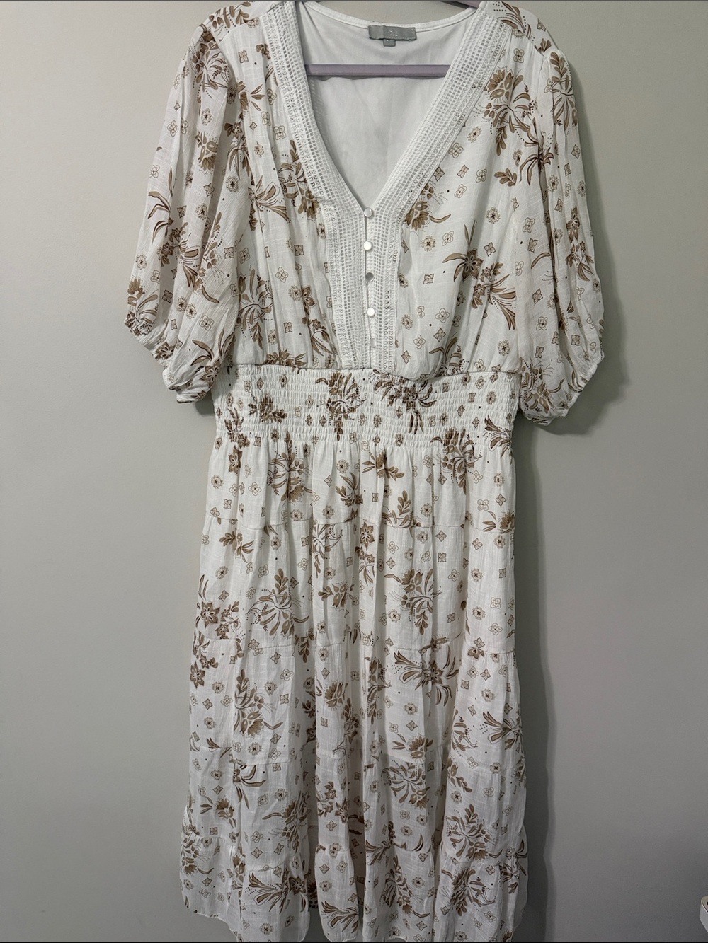Ivory Floral Midi Dress with Smocked Waist